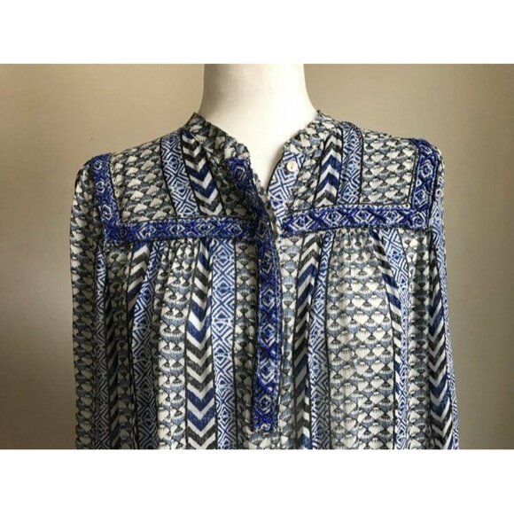 LUCKY BRAND Semi Sheer Blouse Top Size Small Blue Boho Peasant Beaded Detail - Picture 3 of 8